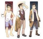  1boy alternate_costume arm_hair barefoot belt boots coat cup flying_sweatdrops full_body hand_on_hip holding holding_cup looker_(pokemon) male_focus multiple_views necktie pokemon pokemon_(game) pokemon_dppt scarf standing v-shaped_eyebrows vergolophus 