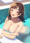  1girl absurdres bare_shoulders bikini blush breasts brown_hair cleavage collarbone commentary_request cowboy_shot day highres large_breasts long_hair looking_at_viewer looking_up open_mouth original outdoors partially_submerged pink_eyes pool smile solo standing swimsuit teeth tongue wet white_bikini yupi_mild 