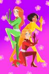  3girls alex_(totally_spies) ass belt black_hair blonde_hair blue_eyes bodysuit breasts brown_eyes catsuit clover_(totally_spies) dark-skinned_female dark_skin english_commentary flower full_body green_bodysuit green_eyes highres impossible_bodysuit impossible_clothes latex long_hair looking_at_viewer medium_breasts metal_belt multiple_girls red_bodysuit red_hair sam_(totally_spies) short_hair skin_tight smile stripedpants totally_spies whoop_catsuit yellow_bodysuit 