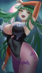  1girl absurdres animal_print bat_print black_leotard blush breasts bridal_gauntlets clothing_cutout covered_navel demon_girl elbow_gloves gloves green_eyes green_hair heart_cutout highres large_breasts leotard long_hair looking_at_viewer morrigan_aensland open_mouth orange_gloves pantyhose print_legwear purple_pantyhose sato_one1 vampire vampire_(game) 