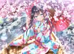  1girl absurdres black_hair blue_eyes blue_kimono blush canoe cherry_blossoms colored_inner_hair english_commentary falling_petals feet_out_of_frame fingernails floral_print flower gradient_hair hair_flower hair_ornament hair_ribbon hands_up highres holding holding_umbrella japanese_clothes kimono long_hair long_sleeves looking_at_viewer mixed-language_commentary multicolored_hair nae-nae nail_polish obiage obijime oil-paper_umbrella open_mouth original outdoors petals pink_flower pink_hair pink_nails pink_ribbon print_kimono ribbon sitting smile solo umbrella water wide_sleeves 