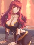  1girl arm_support belt breasts cleavage commentary facial_mark fire_emblem fire_emblem_engage highres johncgz large_breasts long_hair looking_at_viewer red_eyes red_hair short_sleeves solo star_(symbol) thighs very_long_hair yellow_belt yunaka_(fire_emblem) 
