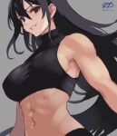  1girl abs alternate_costume artist_logo black_hair brown_eyes grey_background halterneck haruto_(harut_n) kantai_collection long_hair midriff nagato_(kancolle) navel one-hour_drawing_challenge parted_lips smile solo 