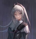  1girl arknights capelet commentary dress earrings feather_hair grey_background grey_dress grey_eyes grey_hair highres irene_(arknights) jewelry li2_su2 light_frown long_hair looking_at_viewer scar scar_across_eye shoulder_strap sidelocks simple_background solo upper_body white_capelet 
