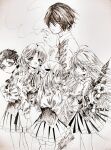  1boy 2000s_(style) 4girls ahoge angel_wings aya_carmine body_horror braid cigarette collared_shirt cowboy_shot expressionless flower_wings formal glasses greyscale hair_between_eyes hair_ribbon highres hitomi_hirosuke_(sayonara_wo_oshiete) holding holding_cigarette leaf_wings long_hair looking_at_another medium_hair meguro_miyuki millipen_(medium) miniskirt mismatched_wings monochrome multiple_girls neck_ribbon open_mouth own_hands_together plant_wings pleated_skirt retro_artstyle ribbon sayonara_wo_oshiete school_uniform shirt short_hair side_braids simple_background sketch skirt smile smoking sugamo_mutsuki suit tamachi_mahiru thighhighs traditional_media twintails ueno_koyori underbust vest wavy_hair wings zettai_ryouiki 