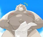  2023 anthro asian_clothing belly big_belly black_nose blush canid canine clothing east_asian_clothing eyes_closed fundoshi hi_res humanoid_hands japanese_clothing kemono male mammal moobs navel nipples overweight overweight_male raccoon_dog sessa simple_background solo tanuki underwear white_clothing white_fundoshi white_underwear 