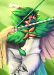  absurd_res anthro avian brown_wings decidueye feathered_wings feathers featureless_crotch front_view generation_7_pokemon green_body hi_res kuttoyaki male narrowed_eyes nintendo nude orange_eyes pokemon pokemon_(species) pupils red_pupils simple_background solo white_body winged_arms wings 
