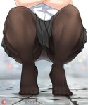  1girl black_skirt brown_pantyhose crossed_arms crotch_seam feet highres lower_body madaotheory original outdoors panties panties_under_pantyhose pantyhose pleated_skirt shirt skirt solo squatting tiptoes underwear white_panties white_shirt 