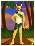  anthro clothed clothing facial_hair fuze fuzeyeen grass_skirt grin hi_res hyena male mammal mustache navel nipples outside palm_tree plant pose skirt_only smile solo spotted_hyena sunset topless tree 