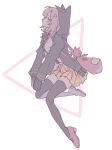  1girl backpack bag black_jacket black_thighhighs blush breasts brown_skirt closed_mouth danganronpa_(series) danganronpa_2:_goodbye_despair dress_shirt grey_shirt highres hood hood_up hooded_jacket jacket large_breasts long_sleeves miniskirt nanami_chiaki neck_ribbon pink_bag pink_footwear pleated_skirt profile ribbon ru-pe_(gstm_0915) shirt shoes skirt sleeves_past_fingers sleeves_past_wrists solo thighhighs triangle_hair_ornament two-tone_shirt white_background zettai_ryouiki 