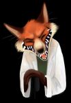  2012 anthro black_background brown_body brown_fur cane canid canine cheek_tuft clothing coat creepy_smile cuppacats digital_media_(artwork) digital_painting_(artwork) elemental_plane_of_teeth eyes_closed facial_tuft fox fur inner_ear_fluff lab_coat laugh male mammal open_mouth orange_body orange_fur red_(rq) ruby_quest sharp_teeth simple_background smile snout solo teeth tongue topwear tuft white_body white_fur 