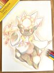  1girl absurdres animal_ears arm_up black_skin chest_jewel closed_mouth colored_pencil_(medium) colored_sclera colored_skin commentary_request diancie forehead_jewel full_body happy highres long_hair long_sleeves outline outstretched_arm partial_commentary pencil photo_(medium) pink_gemstone pink_hair pokemon pokemon_(creature) red_sclera simple_background sketch smile solo telekinesis tensaitou_tou traditional_media white_background white_eyes wide_sleeves 