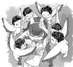  1girl 6+boys ^_^ animal_ears animalization armpits arms_up arona&#039;s_sensei_doodle_(blue_archive) bikini bird blue_archive blunt_bangs braid chin_strap clenched_hands closed_eyes crying facing_another facing_viewer fake_animal_ears flat_chest flock furrowed_brow greyscale human_head licking long_hair miyu_(blue_archive) miyu_(swimsuit)_(blue_archive) monochrome multiple_boys navel nervous_sweating niku-name open_mouth rabbit_ears raised_eyebrows ribs scared sensei_(blue_archive) short_hair stomach sweat swimsuit tongue tongue_out turn_pale twin_braids upper_body 