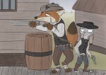  aiming anothercolouranon anthro barrels canid canine clothing disney duo female fox gun handgun hat headgear headwear judy_hopps lagomorph leporid male mammal nick_wilde rabbit ranged_weapon revolver weapon wild_west wooden_house zootopia 