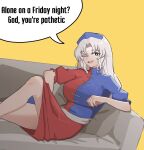  1girl alone_on_a_friday_night?_(meme) black_eyes blue_dress blue_headwear bright_pupils constellation_print couch dress feet_out_of_frame frilled_sleeves frills grey_hair grey_sash hat highres long_hair looking_at_viewer meme nurse_cap one_eye_closed open_mouth parted_bangs quarium reclining red_dress short_sleeves simple_background smile solo touhou two-tone_dress white_pupils yagokoro_eirin yellow_background 