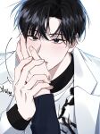  1bl_pdam 1boy black_hair blush brown_eyes brown_hair coat hands_on_another&#039;s_face highres korean_text ling_xinlu passion_(manhwa) translation_request white_background white_coat yaoi 