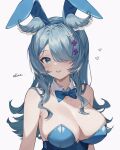  1girl blue_bow blue_bowtie blue_eyes blue_hair blue_wings blush bow bowtie breasts cleavage commentary detached_collar elira_pendora hair_ornament hair_over_one_eye head_wings highres large_breasts long_hair multicolored_hair nijisanji nijisanji_en one_eye_covered playboy_bunny simple_background solo soybean_(hisoybean) symbol-only_commentary virtual_youtuber white_background white_hair wings x_hair_ornament 