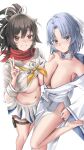  2girls absurdres asuka_(senran_kagura) azur_lane bare_shoulders black_hair blue_eyes blue_hair breast_press breasts brown_hair buko_(bukosuki) cleavage feet_out_of_frame from_above highres japanese_clothes kimono large_breasts leg_up long_hair long_sleeves looking_at_viewer looking_up multiple_girls red_scarf scarf senran_kagura side_slit simple_background smile standing standing_on_one_leg symmetrical_docking underboob v white_background white_kimono wide_sleeves yumi_(senran_kagura) 