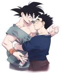  2boys bara black_hair blue_sweater blush brown_pants cuuupo dougi dragon_ball dragon_ball_super father_and_son glasses large_pectorals looking_at_another male_focus multiple_boys muscular muscular_male pants pectorals short_hair simple_background smile son_gohan son_goku spiked_hair sweater white_background wristband yaoi 
