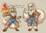  anthro anthrofied arcanine athletic athletic_male bandage bottomwear canid canine clothed clothing cutoffs denim denim_clothing emanata fire fluffy fluffy_tail fur generation_1_pokemon iscofish male mammal muscular muscular_anthro muscular_male nintendo open_mouth orange_body orange_fur pokemon pokemon_(species) shaded shorts simple_background solo tail tan_body tan_fur topless topless_male 
