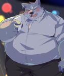  0119_muu 2023 anthro belly big_belly black_nose blush bottomwear canid canine canis clothing eyes_closed grey_body hi_res humanoid_hands kemono male mammal outside overweight overweight_male pants raining shirt solo topwear wolf 