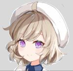  1girl ahoge beret brown_hair c309657344 closed_mouth collared_dress commentary_request dress grey_background hat highres iwanaga_kotoko kyokou_suiri looking_at_viewer outline portrait purple_eyes simple_background smile solo white_dress white_headwear white_outline 