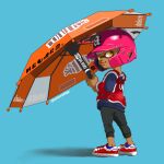  baseball_helmet black_pants blue_background blue_socks blue_sweater dark-skinned_male dark_skin helmet highres holding holding_umbrella inkling inkling_boy moguko pants red_footwear shoes simple_background socks splat_brella_(splatoon) splatoon_(series) splatoon_3 sweater umbrella weapon yellow_eyes 