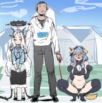  1boy 2girls ^_^ ako_(blue_archive) alternate_costume animal_ears arona&#039;s_sensei_doodle_(blue_archive) ball_gag bikini black_bikini black_footwear black_pants black_thighhighs blue_archive blue_hair blush bow_(bhp) breasts cleavage closed_eyes cloud collar day dog_ears dog_tail gag gagged hairband halo hina_(blue_archive) holding holding_leash horns large_breasts leash long_hair multiple_girls nose_blush outdoors pants purple_eyes rolling_eyes sensei_(blue_archive) sketch skirt sky smile squatting standing swimsuit tail thighhighs very_long_hair white_hair 