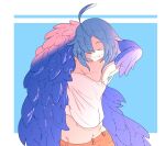  1girl absurdres ahoge arm_behind_back arm_behind_head blue_feathers blue_hair blue_wings blush breasts closed_eyes feathered_wings feathers hair_over_one_eye harpy highres hinekure-boy long_hair midriff monster_girl monster_musume_no_iru_nichijou navel papi_(monster_musume) small_breasts smile solo tank_top white_tank_top winged_arms wings 