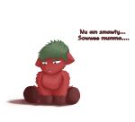  arisenleaf baby_talk english_text feral fluffy_pony fur green_hair hair hi_res male red_body red_fur sad simple_background solo text white_background 