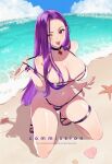  1girl bare_shoulders bikini blush breasts cleavage commission fire_emblem fire_emblem_echoes:_shadows_of_valentia full_body highres jewelry kneeling large_breasts long_hair looking_at_viewer navel purple_eyes purple_hair smile solo sonya_(fire_emblem) stomach string_bikini sumustard swimsuit thick_thighs thighs 
