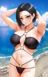  1girl armpits arms_up bare_arms bare_shoulders bikini black_bikini black_hair blurry blurry_background blush breasts cleavage collarbone cowboy_shot highres infinote large_breasts looking_at_viewer o-ring o-ring_bikini ocean original outdoors parted_lips short_hair smile solo stomach swimsuit water wet yashiki_yuuko yellow_eyes 