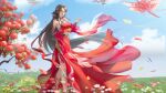  1girl absurdres artist_request bare_legs blue_sky brown_hair bug butterfly chest_cutout chinese_clothes cloud detached_sleeves dress facial_mark flower forehead_mark grass hair_rings highres huo_linger_(wanmei_shijie) kite long_hair parted_lips red_dress second-party_source sky solo very_long_hair wanmei_shijie 