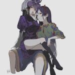  2girls absurdres black_footwear black_hair blue_shorts blush boots breasts china_dress chinese_clothes cropped_legs dress flower flower_on_head green_shirt highres horns knee_boots large_breasts long_hair multiple_girls nippaku_zanmu oni_horns open_mouth parted_lips purple_dress purple_eyes purple_flower red_eyes shirt short_sleeves shorts signature simple_background sokura_(mochichitose) touhou white_background yellow_horns yomotsu_hisami yuri 