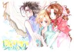  1girl 2boys aerith_gainsborough bandages black_hair black_shirt blonde_hair blue_eyes blue_shirt brown_hair closed_mouth cloud_strife collared_shirt commentary_request dress drill_hair drill_sidelocks final_fantasy final_fantasy_vii flower frown green_eyes kirika_(nutsmoon) long_hair looking_at_viewer multiple_boys open_clothes open_mouth open_shirt painting_(medium) parted_bangs pink_dress red_shirt shirt short_hair short_sleeves sidelocks sleeveless sleeveless_turtleneck smile spiked_hair traditional_media turtleneck upper_body watercolor_(medium) yellow_flower zack_fair 