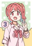  1girl :d blue_hair blush_stickers bow bowtie bracelet commentary_request dot_nose finger_counting gyaru hand_up hozuki_kaede jewelry light_blue_hair long_hair middle_w multicolored_hair necklace nekotoufu official_art onii-chan_wa_oshimai! open_mouth partial_commentary pink_eyes pink_hair red_bow red_bowtie shirt side_ponytail sleeves_rolled_up smile solo spoken_number two-tone_hair upper_body w white_shirt wing_collar 