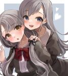  2girls asymmetrical_bangs blush bow bowtie braid braided_bangs collarbone dress grey_dress grey_hair hair_ribbon hand_on_another&#039;s_shoulder heart highres hisakawa_hayate hisakawa_nagi idolmaster idolmaster_cinderella_girls idolmaster_cinderella_girls_starlight_stage juliet_sleeves long_hair long_sleeves looking_at_viewer multiple_girls puffy_sleeves red_bow red_bowtie ribbon saba_suzuki siblings simple_background sisters smile straight_hair twins twintails very_long_hair 