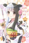  1girl 2021 animal_ears animal_print arrow_(projectile) black_eyes blush checkered_background chinese_zodiac cow cow_ears cow_girl cow_horns cow_print flower hair_bun hair_flower hair_ornament hamaya happy_new_year holding holding_arrow horns ibuki_ena japanese_clothes kimono long_sleeves looking_at_viewer multicolored_hair new_year obi original print_kimono sash smile solo two-tone_hair upper_body year_of_the_ox 