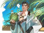  1boy ? adventurer_(ff14) beard_stubble chest_harness coconut_cup drinking elbow_rest final_fantasy_xiv_dawntrail hair_slicked_back harness highres large_pectorals male_focus mature_male medium_hair mustache_stubble palm_tree pectoral_cleavage pectorals scar scar_across_eye sideways_glance solo spoken_question_mark thick_eyebrows tree upper_body warrior_of_light_(ff14) xianyu314 
