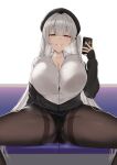  +_+ 1girl absurdres azur_lane beret black_bra black_headwear black_jacket black_panties black_pantyhose blunt_bangs bra bra_peek breasts cellphone cleavage collared_shirt corrupted_file cross-shaped_pupils grey_hair hair_between_eyes hand_up hat highres holding holding_phone huge_breasts jacket light_blush long_hair long_sleeves looking_at_viewer naughty_face noe_(ppppriver) off_shoulder official_alternate_costume one_side_up open_clothes open_jacket panties panties_under_pantyhose pantyhose phone pleated_skirt red_eyes scylla_(azur_lane) scylla_(femme_fatale_fresher)_(azur_lane) seductive_smile shirt sitting skirt smartphone smile solo spread_legs steaming_body symbol-shaped_pupils thick_thighs thighs underwear white_shirt 