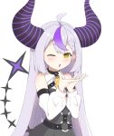  1girl ahoge ascot bare_shoulders black_horns braid braided_bangs detached_sleeves grey_hair highres hololive horns kushinobu la+_darknesss la+_darknesss_(1st_costume) multicolored_hair one_eye_closed pointy_ears purple_hair simple_background streaked_hair striped_horns yellow_eyes 