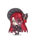  1girl absurdres armor armored_dress bare_shoulders black_dress black_eyes black_headwear bonnet chibi dress fate/grand_order fate_(series) hat heterochromia highres long_hair red_hair shoes skirt smile tuanjiang_w typhon_ephemeros_(fate) yellow_eyes 