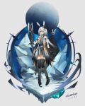  1girl absurdres animal_ears arknights artist_name artist_request black_gloves coat dated destiny_(game) frostnova_(arknights) ghost_(destiny) gloves grey_eyes grey_hair hair_ornament hair_over_one_eye hairclip highres holding jacket long_hair looking_at_viewer rabbit_ears scar shirt simple_background solo tagme white_hair 