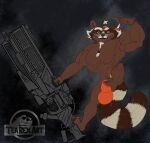 absurd_res anthro beard clothed clothing facial_hair feet feet_on_penis flexing flexing_bicep flexing_muscles foot_grab fur guardians_of_the_galaxy gun hairy hi_res jockstrap looking_at_viewer male mammal marvel nyhil_rex pose procyonid raccoon ranged_weapon rocket_raccoon skimpy smile smirk solo striped_body striped_fur stripes underwear weapon 
