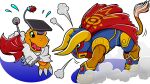  =3 agumon_hakase artist_request bull bullfighting bullmon cape digimon digimon_(creature) flying_sweatdrops hat holding holding_cape holding_clothes holding_pointer lab_coat mortarboard no_humans official_art pointer red_cape sleeves_past_fingers sleeves_past_wrists snorting 