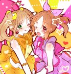  2girls ;d ;q abe_nana ahoge blush bow bowtie breasts brown_hair dress gloves heart heart_ahoge idolmaster idolmaster_cinderella_girls keita_wiz looking_at_viewer medium_breasts midriff multiple_girls one_eye_closed orange_bow orange_bowtie orange_hair orange_shirt orange_skirt pink_bow pink_bowtie ponytail purple_dress sato_shin shirt skirt sleeveless sleeveless_dress sleeveless_shirt smile star_(symbol) tongue tongue_out twintails white_gloves 