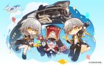  @_(symbol) announcement_celebration bare_legs black_footwear black_gloves black_pants blue_eyes chibi closed_mouth cloud copyright_name female_trailblazer_(honkai:_star_rail) fingerless_gloves flag gloves grey_hair ground_vehicle hair_between_eyes hat highres holding holding_flag honkai:_star_rail honkai_(series) logo long_jacket long_sleeves looking_at_viewer male_trailblazer_(honkai:_star_rail) medium_hair official_art open_mouth pants pom-pom_(honkai:_star_rail) shirt short_hair trailblazer_(honkai:_star_rail) train waving white_shirt yellow_eyes 