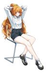  1girl absurdres adjusting_hair bare_legs black_shorts chair collared_shirt freckles full_body hair_tie_in_mouth highres ishmael_(limbus_company) korean_commentary legs limbus_company long_hair long_sleeves looking_at_viewer mouth_hold orange_hair project_moon revision shirt shirt_tucked_in shoes shorts sitting sneakers solo vvindyday white_shirt yellow_eyes 