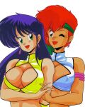  1980s_(style) 2girls armlet blue_hair breasts brown_eyes cleavage dirty_pair earrings green_eyes headband highres holding_hands jewelry kei_(dirty_pair) large_breasts long_hair multiple_girls non-web_source one_eye_closed open_mouth red_hair retro_artstyle short_hair simple_background upper_body white_background yuri_(dirty_pair) 