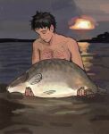  1boy animal black_hair chest_hair closed_eyes closed_mouth commentary english_commentary fish highres holding holding_animal holding_fish kyokyeo male_focus mob_psycho_100 outdoors partially_submerged serizawa_katsuya short_hair smile solo sun topless_male upper_body water 
